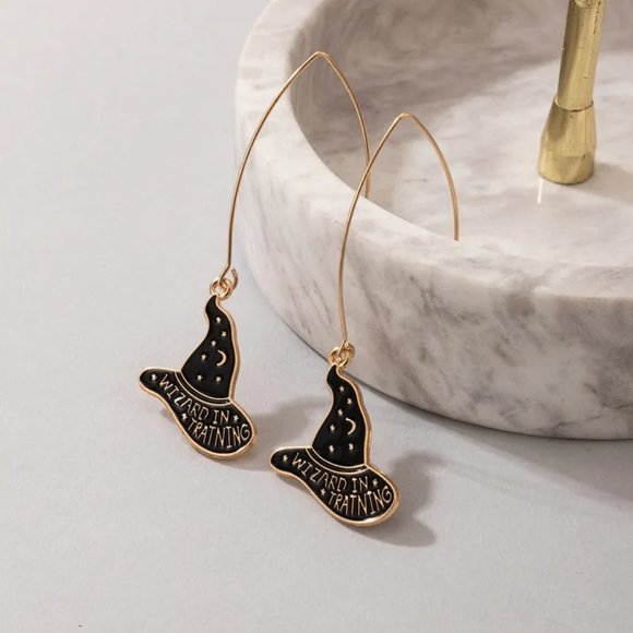 Gold & Black Wizard in Training Witch Wizard Hat Halloween Earrings NEW - Picture 6 of 6